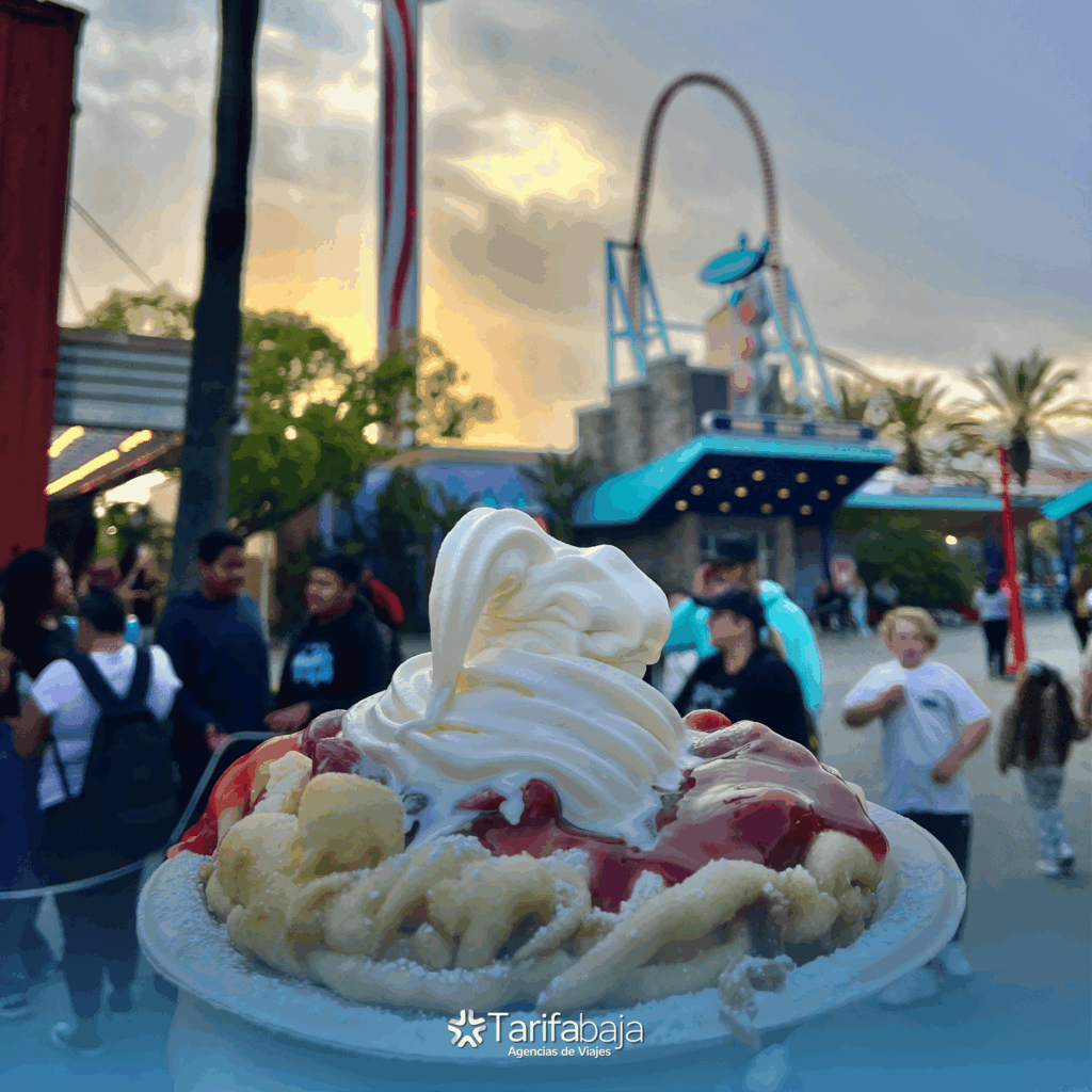 Funnel cake with powdered sugar and fruit