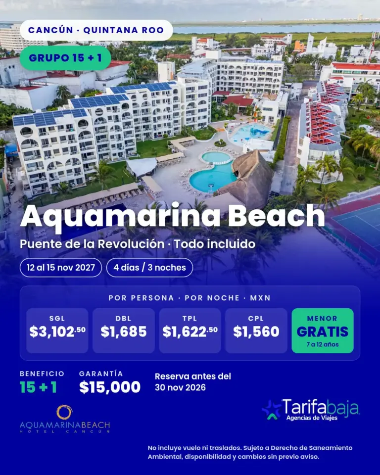Flyer de Grupo Aquamarina Beach Cancún · Puente de la Revolución 2027