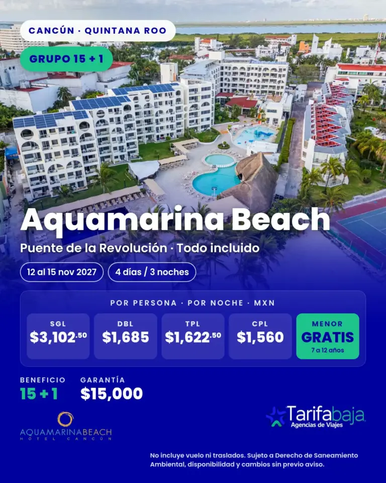 Flyer de Grupo Aquamarina Beach Cancún · Puente de la Revolución 2027